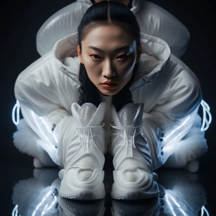 well lit fashion shoot portrait of extremely beautiful female wearing sneakers by craig green, dingyun zhang, yeezy, balenciaga, off white, sharp focus, clear, detailed, cinematic, detailed, glamourous, symmetrical, vogue, editorial, fashion, magazine shoot, glossy --q 2