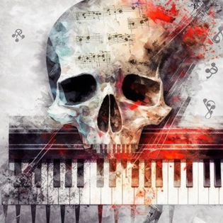 piano keys ? cello music, sheet music, skull, smoke, paint splatter, flourishes, style of cubism, --v 4