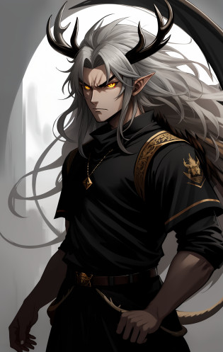 Young with long white mane, huge deer antlers, dragon wings, evil look, moodiness, anger, black clothes, lion's head, humanoid, chimera