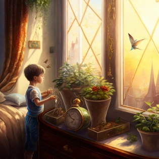 A boy is watering a planter by the window. The morning sun is shining through the triangular window. Pillow on the bed A pendulum clock hangs on the wall. The time is past seven in the morning, antique, hyper detailed, cinematic, fairy-tale, studio4? style --v 4 --v 4