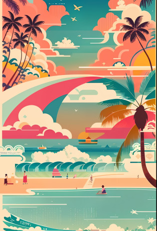 Flat style illustration?Flat illustration?There is a beach and palm trees on it,Add Hainan Provincial Museum?Cloud Cave Library?Add the triangular plum bee goby, poster for ; Summer, Poster illustration, poster background, ??clouds? vibrant tourism poster, summer festival in background, Poster design, poster for, clouds and waves, illustrated poster, A beautiful artwork illustration, artwork in the style of z.Show on the. gu, travel poster