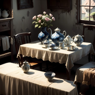 Dilapidated houses?Square table?A tablecloth covered with a pattern?Exquisite ceramic cup, ceramic bowl, ceramic bottle on table?A few bouquets of flowers?Vivid and beautiful?A light shone on the table from outside the house?particle fx?Exquisitely?the detail