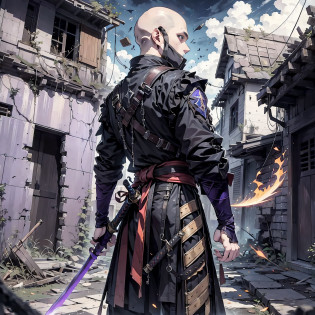 Bald boy?burly build?Bald boy?burly build?Brawny?Brawny?nigth?the night?best qualtiy?Ultra-long viewing angle?A bald boy?Turn your head to look at a person?Back shadow?Black long-sleeved hanfu? Fine Eye? ????? Detailed eyes?Wield a sword? A sword surrounded by red flames?Wield this sword?full bodyesbian?Ultra-long viewing angle?visto ao longe?from�below? Look up? Ruined suburbs?Dilapidated old house?background inside dark?Ultra-long viewing angle?A dilapidated house in the distance?sword-wielding?sword-wielding