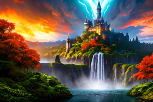 Masterpiece A beautiful giant castle with huge, detailed towers in a dark realm with lava everywhere and dragons with scales, olhos vermelhos e fogo cuspindo no ar tudo muito detalhado, This kingdom must have a waterfall coming out from under it some giant trees around this waterfall, There must be a magical giant entrance next to this waterfall, intrincado, master part, especialista, insanamente detalhado, 4k, compositing, enquadramento, Centrado, simetria, Pintado, intrincado, volumeric lighting, Beautiful, Cores profundas ricas, foco n�tido, obra-prima ultra-detalhada no estilo de Dan Mumford e Marc Simonetti, astrofotografia(Ultra HD |)