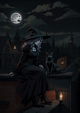 witch sitting on a ledge with a cat in front of a full moon, cat witch, witchy, abigail larson, drawn in a noir style, witch, sits on a rooftop, noir animation, classical witch, with a bewitching voice, witch academia, witch girl, scarry but bewitching, witches, a witch, catgirl, woman and cat