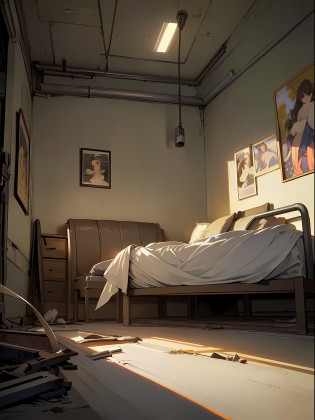 ((((angle from below)))),((full view of the bed)),((close-up to a postoperative bed)),(((abandon factory))),((warm light)),(orange light),((dramatic shadows)), ((indoor)),
((((((((masterpiece)))))))), best quality, highly detailed, extremely detailed CG unity 8k wallpaper,illustration,sfw,
indoor,((((abandon factory)))),(at night),spotlight,(((grey background))),(grey wall),wire,pipe,(night),