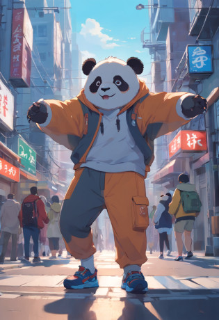 ((Foto en bruto)), ((obra-prima)), Anthropomorphic humanoid panda dressed in street clothes, Caminar entre personas, Detalles intrincados, intrincadas piezas de Greebles, City behind, Zapatillas de deporte, cuerpo musculoso, brazos musculosos, Small head, Ogro monstruoso, Titan, soft illuminaotion, hiperrealista