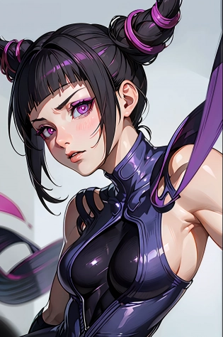 juri, sfv, (masterpiece, best quality:1. 2), photorealistic, sophisticated, 1girl, upper body, sharp focus, delicate face, detailed eyes, sharp pupils, realistic pupils, facelight, real skin, firm skin, ultra detailed, depth of field, black and pink hair