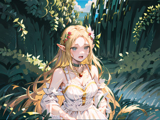 Vast field, 8K, surreal drawing, detailed illustrations, perfect details, beautiful drawn eyes, SOLO, full body, ((Young Beauty Elf)))), tapered long ears, Vertical oval face, Wide choker, Vast garden of the palace, Burst of laughter, (((Dense embroidery)), oversized white tank top shirt, small breasts, blond hair, moist eyes, open mouth, ruddy face, Heavy sigh, ruby ornament in the center of the forehead, luxurious and heavy jewel necklace, ((25mm)),
