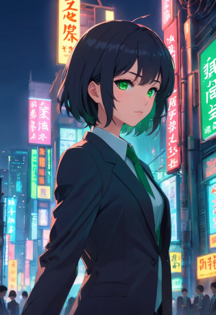 1 woman,gloomy,black suit,black hair,beautiful face,green eyes,  short hair,{{masterpiece}}, {{{best quality}}}, {{ultra- detailed}}, cinematic lighting,beautiful detailed ,light_leaks,Amazing,finely detail,Original, {{sharp eyes}} ,  white shirt , black necktie,  china town,cityscape, night, {{neon lights}}, black suit,{{kanji signboard}},blade runner, beer can, drinking, cyberpunk,