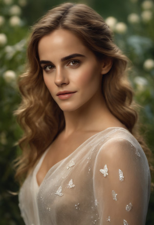 Emma Watson (best quality,4k,highres,masterpiece:1.2),ultra-detailed,realistic:1.37,Emma Watson wet translucent long T-shirt,beautiful detailed eyes,beautiful detailed lips,extremely detailed eyes and face,long eyelashes,gorgeous appearance,fresh and vibrant,shimmering droplets on the T-shirt,clear reflection on the wet texture,slightly flushed cheeks,eyebrows neatly shaped,natural flowing hair,wet strands clinging to the cheeks and neck,confident and playful expression,in a lush garden surrounded by blooming flowers,golden sunlight spilling through the leaves,soft and dreamy atmosphere,lush green grass and vibrant foliage,gentle breeze blowing through the garden,sparkling water droplets on the flower petals,butterflies fluttering around,bringing a touch of magic and elegance to the scene,colours: soft pastel tones with a hint of warmth and brightness,illuminated by the sunlight from above,creating a subtle glow on the skin,directing the viewer's focus to Emma's enchanting beauty,artistic style:photography,highlighting the natural elegance and allure of the subject,lighting:soft and diffused,emphasizing the delicate features and gentle emotions of Emma Watson,wisps of sunlight filtering through the trees,casting subtle shadows and adding depth to the composition.
