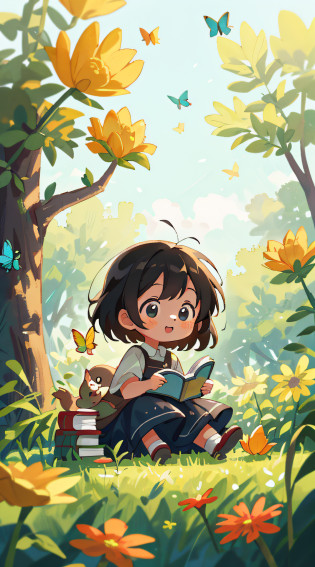 High Detail, Ultra Detail, 8K, Ultra High Resolution A cute and innocent girl, child, toddler, enjoying her time in the open field, surrounded by the beauty of nature, warm sun sprinkling on her, wildflowers gently swaying in the breeze. Butterflies and birds flutter around her, adding to the playful atmosphere, surrounded by books