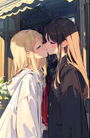(((?masterpiece)),(((top-quality))),rough sketch,((illustratio)),((very extremely beautiful)),beautiful finely detailed eyes,(Yuri),twogirls,Girl has short black hair?Another girl has blonde hair and blue eyes?(((the kiss)))?Closed eyes?Blushing cheeks