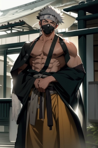 ((kakashi)), best quality, masterpiece, ultra high res, detailed background, Kyoraku Shunsui, solo, male, bara, muscular, cowboy shot, mature male, east asian architecture, depth of field