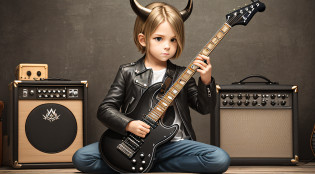 BOY BLONDE CHILD LONG AND BIG STRAIGHT HAIR, WITH LEATHER JACKET , PORTRAIT, a black electric guitar with a guitar case, amplifier and accessories, mat black metal, obsidian metal, electric guitar, evil guitars, dark metal, full product shot, kit, electric guitars, rock, futuristic electric guitar, lead guitar, guitar, black horns, rock star, black, dark tone,  Black Metal Style, Intense Details, Black Crow, Vanta Black