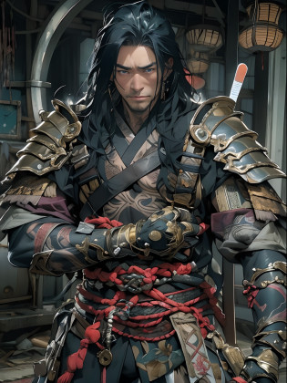 (((mtu))), (((best qualityer))), (((tmasterpiece))), (((AS-Adult))), ((( Japanese ))), Look up from your knees, A handsome asian samurai man with perfect body, Modern samurai, ((( Asian))), Wear gloves on your hands?The left arm is made of steel and metal tips?Made of protective devices, The eyes are pulled, (( Appears below the chest )), (( Small dental floss )), Simon Bisley, Almost naked?Simon Bisley?Castle City Wilderness?For high-resolution posters, hair straight, Minimum clothing, armure (Crazy clothes ), Full of tips and rivets, tribal tattoos, (((full bodyesbian))), Straight brunette hair?Colored hair ends