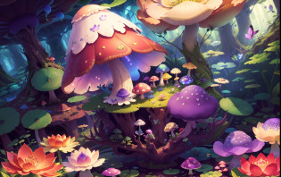 Mushroom forest with glass goblet?s fractal art?morning glory?butterflys?lotuses?four-leaf clover?morning glory?Cyber Mushroom Forest?Ultra-detailed digital fantasy art?Mushrooms are everywhere in the picture?The unique mushroom shape creates a magical casa scene
