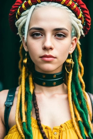 super close up oh a beautifull rasta girl, white hair, steampunk, cyberpunk, cyborg, volumetric lighting, real life, highly detailed, photography, low contrast, Kodak Portra 400, 8k, --ar 3:00 --s 750