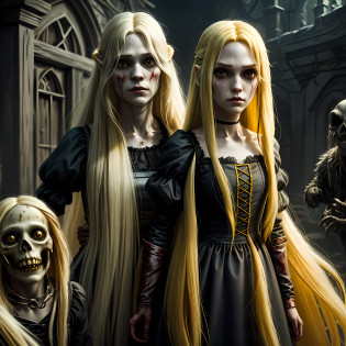 reelhorror, creature made of hair,, crature female, rapunzel, long yellow hair, blood, death, messy, monster, pov scene, pov, horror, crotesque,