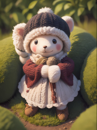 A knitted toy, a small anthropomorphic animal, in a hat and old clothes of the 17th century, macro photography in thick grass, dew drops reflecting the environment, super detailed toy, you can see every wool on the toy, you can see every shrvcik on the clothes, dragging all your things on itself, a cute animal, a cute toy,