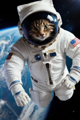 a photo of cat flying out to space as an astronaut <lora:iu_V35:1>