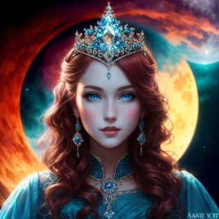a woman with a tiara and a blue dress with a red hair and blue eyes is in front of a full moon, by Anne Stokes, highly detailed digital painting, computer graphics, fantasy art, <lora:add_detail:1>, 16k, UHD, HDR, (Masterpiece:1. 5), (best quality:1. 5)