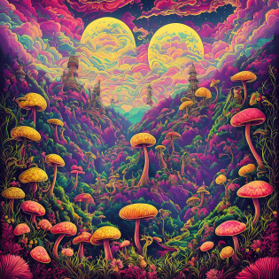 A hill with a bunch of mushrooms with leaves and flowers of cannabis sativa, a sky composed of mandalas, a big moon in the sky almost hidden by multicolored mand�-las psychedelic clouds, Arte Trippy, psychedelic mushrooms dream, psychedelic illustration, cogumelo trippy, psychedelic trip, psychedelic acid trip, psychedelics, psychedelic mushrooms, just take a pinch of psychedelic, psychedelic style, Dan Mumford e Alex Grey Estilo, psychotropic psychedelic, psychedelic art style, psychedelic artwork, psychedelic surreal art, psychedelic aesthetic, psychedelics cannabis sativa�s flowers in a garden, and the sky composed of mandalas