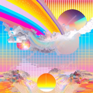 diagram abstract geometric forms iridescent digital landscape with lenticular clouds glitch rainbows sunset in a background of holographic paper with a diagram pixel art landscape rainbow and pixel clouds planets , octane render, screens, view, collage, doble exposure, wireframe, literature, vector art, magazine, nintendo 64, tomokazu matsuyama, petra cortright, pop art, fashion, experimental architecture, fern, flowers, metalic reflections, water reflections, --v 4