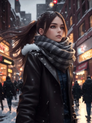 (masterpiece:1. 1, best quality:1. 3), Cinematic Shot, centered, shot from below, dynamic pose, focused shot, close up, (looking toward camera), 1gothic girl, cold, gorgeous, long chestnut ponytail hair, wearing scarf, jeans, leather army jacket, snowy blizzard, shopping district, city street background, RAW photo, volumetric lighting, global illumination, reflection, bokeh, studio color, photography, realistic depiction, (epic composition, epic proportion), 64K, HD, Professional work, Unreal engine, octane render, makoto shinkai inspired,