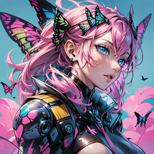 Close up portrait of woman in pink swallowtail butterfly color costume, best anime 4K wallpaper, cyberpunk butterfly, mechanized Valkyrie girl, biomechanical, human structure bee concept art, highly detailed Artgerm based on butterfly, cyborg man butterfly, anime style 4K, insect trainer girl, butterfly,