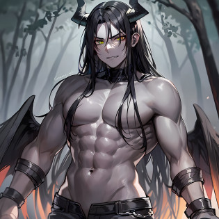Straight black hair, green eyes, muscular, demon, gray skin, no cloths, black demonic horns on the head, black demonic wings, demonic tail , broken handcuffs, torn black jeans, in the forest, at night, floating in the air, solo, looking at the viewer, cowboy shot, male, masterpiece