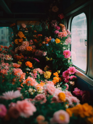 Flowers in the window of the bus?You can see the city, Full of flowers, an aesthetic field of flowers, Lots of flowers, nature and floral aesthetics, beautiful  flowers, Flowers everywhere, floral environment, Beautiful flowers, flowers rain everywhere, covered with flowers, Flower beds on the floor, there's flowers everywhere, Magical flowers, author?Natalie Ratner