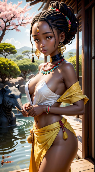 Imagine a captivating painting, sculpture, or digital artwork that celebrates the unique beauty and cultural fusion of a young girl of East Asian (Japanese) and Central African (South Sudanese) descent. 

Visual Elements:
1. Portrait: Create a central focus on the girl's face, emphasizing her striking features that reflect her East Asian and Central African heritage. Illustrate her almond-shaped eyes, dark skin, nubian nose, african lip, delicate facial structure, and a warm, radiant smile, evoking a sense of grace and inner strength.

2. Cultural Attire: Dress the girl in a combination of traditional Japanese and South Sudanese garments. Combine the elegance of a Japanese kimono with vibrant and colorful fabrics found in South Sudanese cultural attire, such as a beautifully patterned headwrap or a vibrant tribal-inspired necklace. These elements should symbolize the girl's roots and honor both her ancestral lineages.

3. Symbolic Imagery: Incorporate symbolic elements that represent the merging of Japanese and South Sudanese cultures. For example, in the background, include cherry blossom trees, symbolizing Japan's beauty and transience, gently blending with African baobab trees, representing longevity and strength. Additionally, consider incorporating other symbolic elements like koi fish swimming alongside African wildlife, signifying the coexistence of two vibrant ecosystems.

4. Background: Set the artwork against a backdrop that blends elements from both East Asian and Central African landscapes. Merge elements like serene Japanese gardens, with their meticulous arrangements of stones and water features, alongside vast African savannahs with silhouettes of animals like elephants or giraffes. This integration showcases the harmony between different natural environments, mirroring the girl's harmonious heritage