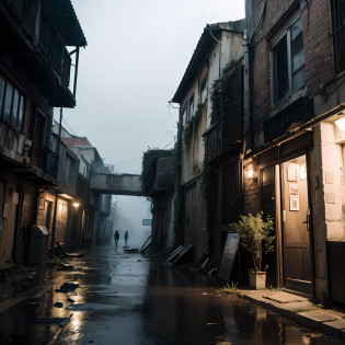 (Armageddon)?Dark?Dilapidated city?Plants climbing all over the walls ?Night?a heavy rain?Black rain??Heavy fog?dense fog??Dilapidated streets?Dimly lit alleyway??A dimly-lit??relic?(Dilapidated buildings)?(Uninhabited city)