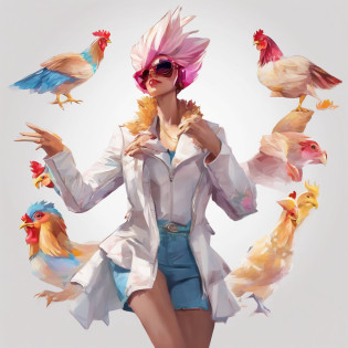 The face is a chicken?sexy underwear?flying though the air?((From the neck down is a human female))?((Chicken Man with only the head))?body builder?pop music?colourfull?full body Esbian?The head is a chicken-bird human?body builder?Dynamism?Powerful?It's an image that surprises everyone......?Perfect alignment, Jacket Chicken Human Cute Head?Crystal Vase?Rose flower, Wearing sunglasses, cheerfulness, Standing position, Abstract beauty, Centered, Looking at the camera, Facing the camera, Approaching perfection, Dynamic, Highly detailed, Smooth, Sharp Focus, 8K, hight resolution, Illustration, art by carne griffiths and wadim kashin, White background?Body Sexy Actress
