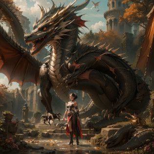 (Numerous award-winning masterpieces, with incredible detail, textures and maximum detail), (hyper realistic:1.4), (european style black dragon), (european style red dragon), (european style dark brown dragon),  (Dragon Tamer and European style dragon 2 shot full body photo: 1.8), (realistic:1.3), (upper body up:0.3), (best quality real texture skin), (finely detailed true circle eyes), (finely Detailed and beautiful face:1.6), ((medieval world)), (dragon tamer:1.6), (big trained european style dragon: 1.8), (Full-length portrait:1.5), (Dragon's eyes glow strongly from the inside), (tamer has joy in her eyes and a happy smile on her face: 1.3), (Dragon Tamer and European style dragon 2 shot full body photo: 1.8), (Dramatic Light), (A majestic sight), (simple, small whistle of fine workmanship hangs from the trainer's neck), (european style dragon with big wings behind shoulder: 1.8), (Tamers wear sturdy leather armor with elaborate patterns: 1.2), Earrings with a sacred atmosphere of refined craftsmanship, Followed by little european style dragon behind, (((dramatic photo))), ((dramatic pose)), (flamboyant photo), ((looks up)), ((looking down)), (gives full-body standing image:1.5), Old ruins infested with plants, great temple, great cathedral, great shrine, temple ruins, detached temple, Ruins of an ancient castle, Deserted ruins, crumbling ruins, Ancient ruins with clear water, wavelets, running water Shining majestic cloud masses and sky, epic realistic, faded, art, (Greg rutkowski:0.8), (teal and orange:0.4), (art station:1.5), cinematic, ((neutral colors)), (hdr:1.5), (muted colors:1.2), hyper detailed, dramatic light, (intricate details:1.1), complex background,