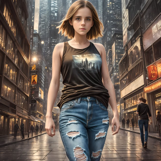 In a mesmerizing cityscape at night, Emma Watson stands at the center of the frame, emanating confidence and grace. She wears a simple yet stylish t-shirt and torn jeans, effortlessly blending ruggedness and elegance. The composition is meticulously crafted, with Emma positioned in a classic cowboy shot, evoking a sense of freedom and adventure.

Soft, natural lighting envelops Emma, casting a warm glow on her face and form. The play of light and shadow, achieved through the technique of chiaroscuro, adds depth and intrigue to the image. Every intricate detail of Emma's clothing, the textures of her torn jeans, and the subtle nuances of her expression are captured with precision, showcasing the artist's attention to detail.

This award-winning photograph, taken by renowned artist Greg Rutkowski, is a stunning example of photorealistic concept art. The image is rendered in 8K, allowing viewers to immerse themselves in the hyper-realistic experience. Using the Hasselblad Helios 44-2 58mm F2 lens, the photograph achieves sharp focus, emphasizing Emma's features and creating an intimate connection with the viewer.

In the background, the cityscape comes alive with vibrant lights and the bustling energy of the streets. From towering skyscrapers to the distant flicker of traffic lights, every intricate detail of the urban landscape is captured, adding to the immersive atmosphere.

This captivating photograph transcends the confines of a simple studio photo, inviting viewers to delve into the story and emotions behind Emma's gaze. It is a true masterpiece, blending technical skill, aesthetic beauty, and storytelling prowess. The image has garnered acclaim and gained popularity, trending on renowned art platforms such as ArtStation.

Step into this visually arresting world, where the cityscape merges with Emma Watson's serene presence. Greg Rutkowski's visionary lens freezes a moment in time, capturing the essence of urban serenity. --auto --s2