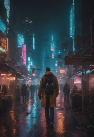 Neon Unrwa Cityscape at Night, Basking in the glow of cyberpunk aesthetics and surrounded by towering skyscrapers. The streets of the city are filled with streams of colorful lights, reflecting on the rain-soaked sidewalk and creating a surreal and mesmerizing atmosphere. Buildings rise high in the sky, decorated with holographic billboards and flashing neon signs, which illuminate the city with a vivid manifestation of a technological miracle.

Inside this urban jungle, The streets are teeming with people, Their faces are partially obscured by the glow of futuristic implants. The hustle and bustle of the city is obvious, when crowds move on busy sidewalks, His footsteps echo off the towering structures. The air is filled with the sound of distant sirens and the hum of cars, Adding cyberpunk to the immersive environment.

Amidst the chaos, A lonely figure appears, Dress in high-tech clothes, which perfectly combines functionality and style. Their eyes reflect a neon glow, when they move precisely and purposefully through the labyrinthine streets. The cityscape serves as a backdrop for this enigmatic character, emphasizing its place in this hyper-futuristic world.

As it continues to rain, It washes away the dirt and reveals the intricate details of the cityscape. Every reflection, Every wet surface, And every glow of light is captured in ultra-detailed realism. The image quality is second to none, With a hint, requiring the best quality in 8K resolution, It shows the intricacies of this cyberpunk metropolis with stunning clarity.

The color palette of the work is dominated by bright neon tones, casting an otherworldly glow on the city and its inhabitants. Juxtaposing these bold colors to the darkness of the night sky creates a captivating visual contrast, Adding to a surreal and immersive experience.

The lighting in the scene is masterfully done, with a focus on emphasizing the city's cyberpunk aesthetic