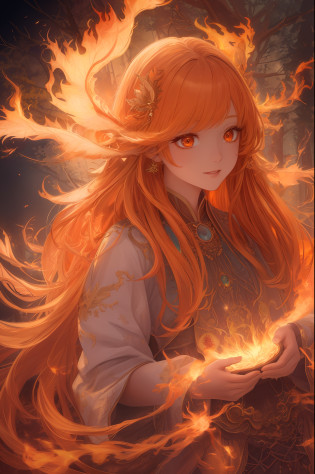 masterpiece, best quality, hair is turning into fire, hair is on fire, Fantasy, (light rayer:1.05), orange light particles, scenery, fire, Beautiful and detailed explosion, beautiful detailed glow, Flames burning around, Flames burning around, Fire feathers, burning, (burning forest:1.34), (bare trees:1.05), ashes, (red sun:1.05), (flame swirling around the character:1.1), solo, crazy_smile, (detailed:1.05), high resolution illustration, lustrous skin, colorful, (ultra-detailed:1.1), (illustration:1.05), (detailed light:1.05), (an extremely delicate and beautiful:1.1), beautiful detailed girl, depth of field, white_long_hair, orange_eyes, eyelashs, dark eyelashes, eyeliner, soft glowing eyes,