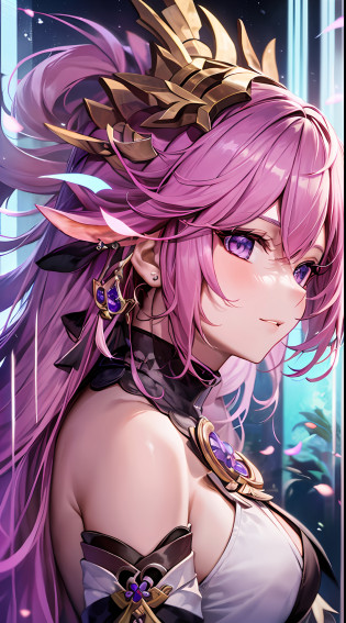 Mast, best quality, 1 girl, yae miko \ (Genshin Impact), pink hair, purple eyes, long hair, headband, hair accessories, looking at the audience, from the side,