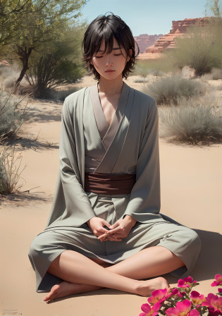 (Jedi meditation:1.3), serene photo,((1boy, Jedi master in deep meditation)),  in jedi outfit, sitting cross-legged,  (desert oasis:1.1), surrounded by blooming desert flowers, ((harmonizing with the Force)), spiritual retreat, transcendent tranquility, desert enlightenment,  Absurdres, hdr, ultra detailed illustration, extremely detailed face, RAW photo, film grain, skin pores, trending on deviantart