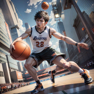 Style reference Japanese manga artist Yuhiko Inoue, extremely detailed CG Unity 8k wallpaper, masterpiece, best quality, super detailed, best lighting, best shadow, dynamic angle, dynamic pose, there are many basketball lovers, there are many basketball lovers, orange ball, basketball court, basketball hoop, basketball net, someone crimson t-shirt, someone black jersey, someone jumper, someone holding the ball, someone dribbling, there are many spectators, blue sky, white clouds, green trees and buildings, colorful, vibrant, crowded, lively scene