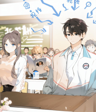 Anime image of a man and woman in a classroom, Perfect facial features?highschool background, Classroom Background, typical anime classroom, Classe escolar, In anime style, In a classroom