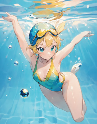 Certainly, here's a description of a Sowsow-designed swimmer illustration, showcasing the swimmer's entire body in Sowsow's unique artistic style:

**Swimmer's Physique:**
In this striking illustration, Sowsow masterfully captures the swimmer's physique. Every muscle and contour of the swimmer's body is depicted with precision, highlighting their strength and grace. The swimmer's body glistens with the water's reflection, emphasizing their connection to the aquatic environment. Sowsow's style brings out the elegance of the human form, celebrating the swimmer's dedication to their sport.

**Swimming Stance:**
The swimmer is mid-stroke, frozen in time as they execute a flawless swimming technique. Sowsow's attention to detail ensures that every aspect of the swimmer's movement is realistic and engaging. The swimmer's arms stretch gracefully forward, fingers breaking the water's surface, while their legs perform a synchronized kick. Water droplets are intricately rendered, adding to the sense of fluidity and motion.

**Swimwear and Accessories:**
Sowsow's style extends to the swimmer's attire, which is both functional and stylish. The swimmer wears a streamlined swimsuit that accentuates their form while allowing for optimal movement in the water. Goggles rest atop their head, ready to be pulled down for the next lap. The swim cap fits snugly, streamlining the swimmer's head as they glide through the water.

**Underwater Perspective:**
Sowsow's artistic flair extends below the water's surface. The illustration offers a unique underwater perspective, allowing viewers to glimpse the swimmer's graceful movements from a different angle. Bubbles and ripples in the water add a touch of realism, making the viewer feel as though they are submerged alongside the swimmer.

**Vibrant Colors:**
Sowsow's use of vibrant colors brings the entire scene to life. The water is depicted with shades of blue and green, creating a visually captivating backdrop. The swimmer's skin takes on a