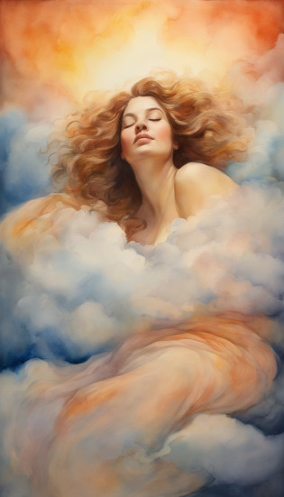 ?masterpiece, Highest Quality, MovieSteel, 1woman, Cloud Girl, Floating in the sky, close-up, brightness, happiness, Warm and soft lighting, sunset, Sleeping, Sleep on your stomach, sleep, eyes closed. (sparks:0.7)