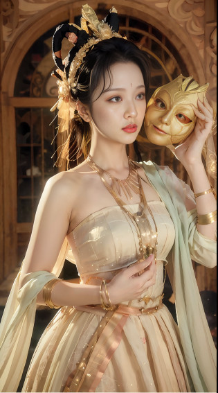 beautiful ethereal maiden in a ivory masquerade mask intricate ornate fractal-lace and gemstones, wearing stunning ivory dress, ivory gold iridescent, full view, soft lighting, vivid, Hyperdetailed, 4k hd matte painting by Artgerm, Greg Rutkowski, Klimt, James Jean, 8k resolution, enchanting and otherworldly, Artstation, CGsociety, detailed, front view
