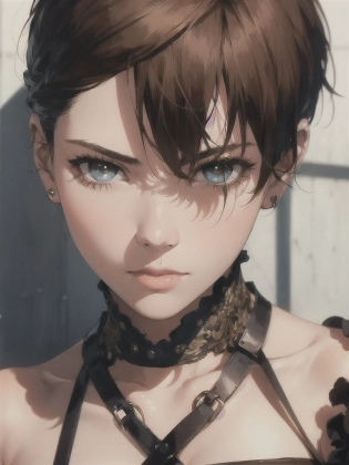 A dramatic portrait of a young woman with a stylish haircut and piercing eyes. The photo is shot in a high-contrast style, with strong shadows and highlights, emphasizing the model's sharp features. The photo was taken with a film camera, using a fast prime lens, which gives the image a gritty and raw feel. The portrait is perfect for use in fashion magazines, advertising campaigns, or as a striking wall art print.