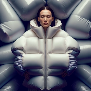 well lit fashion shoot portrait of extremely beautiful female wearing massively over size puffer jacket by craig green, dingyun zhang, yeezy, balenciaga, vetements, sharp focus, clear, detailed, , cinematic, detailed, off white, glamourous, symmetrical, vogue, editorial, fashion, magazine shoot, glossy --q 2