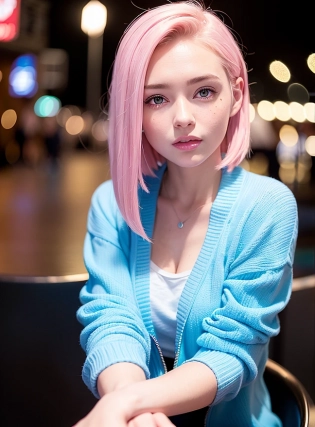 (8k, RAW photo, best quality, masterpiece:1. 2), (realistic, photo-realistic:1. 37), ultra-detailed, full body, 1 girl, solo, beautiful detailed sky, detailed cafe, night, beautiful detailed eyes, beautiful detailed lips, professional lighting, photon mapping, radiosity, physically-based rendering, extremely detailed eyes and face, beautiful detailed eyes, light on face, cinematic lighting, pink sweat shirt, white sneakers, jacket, 1girl, full body, full-body shot, see-through, looking at viewer, outdoors, ((blue hair))
