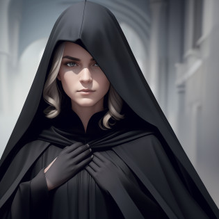 a close up of a person wearing a cape and a dress, with a long black cape, wearing black clothes and cape, black cloak from neck to ankles, with cape, vantablack cape, black cape, wearing in black cloak, wearing a black cloak, a black cloak, vantablack cloak, black cloak, long cloak, he is wearing a black